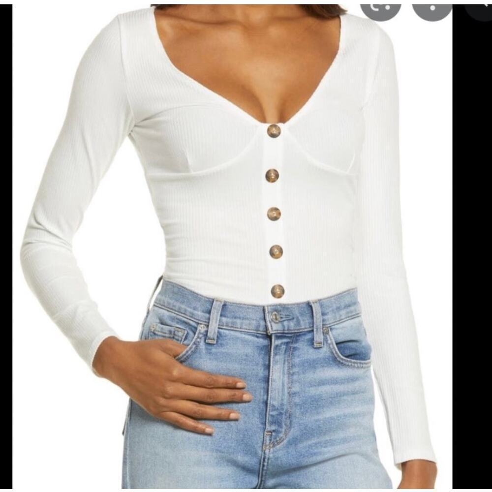 Reformation Virgil White Ribbed Long Sleeve Top Size XS